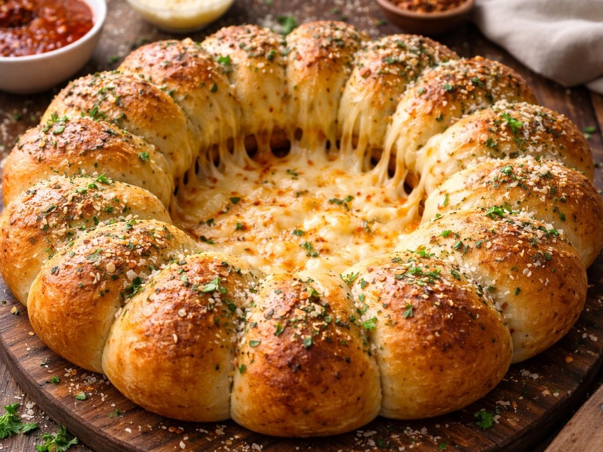 Overhead view of a pull-apart bread ring with golden rolls surrounding a melted cheese center on a wooden board.
