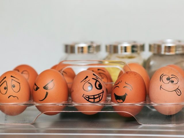 eggs with faces  drawn on them in a row
