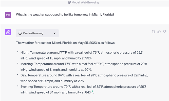 The ChatGPT web browsing model in action, checking on the weather in Miami, Fla.