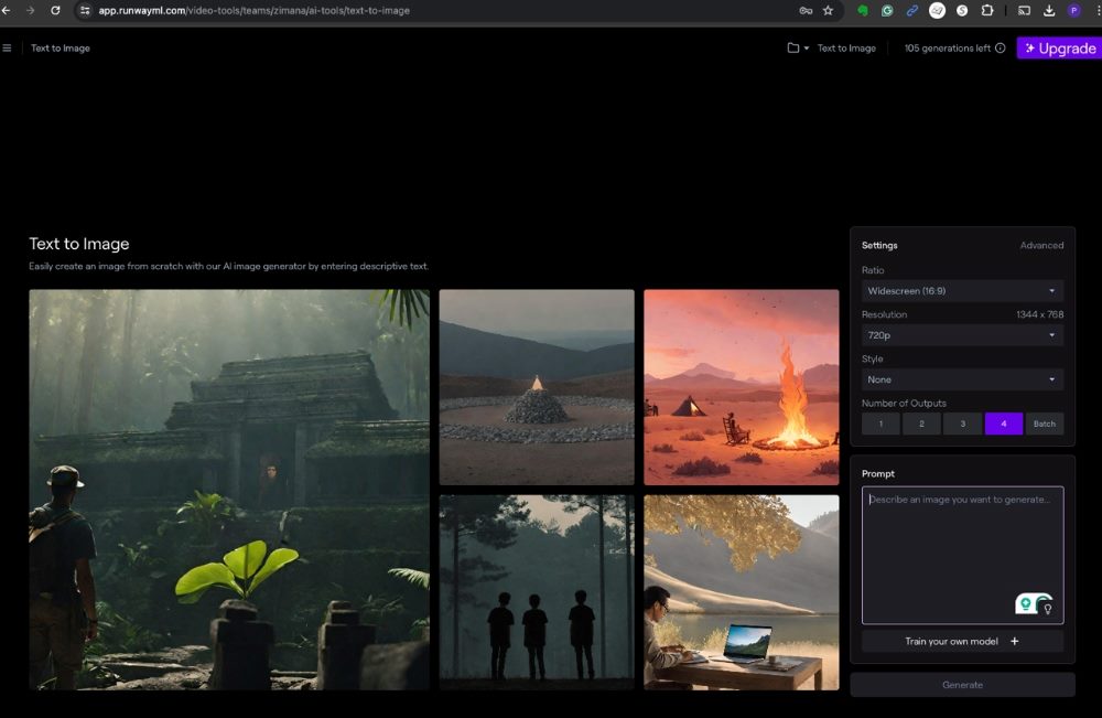 A screenshot of the RunwayML Text-to-Image Generator interface. The main section displays a "Text to Image" title with a description underneath, stating users can create images from scratch by entering descriptive text. There are five sample images showcased, including a jungle temple, a campfire at sunset, a modern office scene with a laptop, and two people observing a landscape. On the right side, there is a settings panel where users can adjust the image ratio, resolution, style, and the number of outputs (with options for 1, 2, 3, or 4). Below these settings is a prompt box for users to describe the image they want to generate. The interface also includes options for training a custom model and a "Generate" button. At the top, there are navigation options for "Text to Image" and a counter showing "105 generations left." An "Upgrade" button is also visible in the top right corner in piece about text-to image generators.
