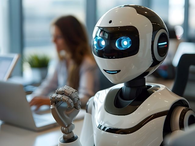  In an image generated by AI, a humanoid robot working in a contact center. 