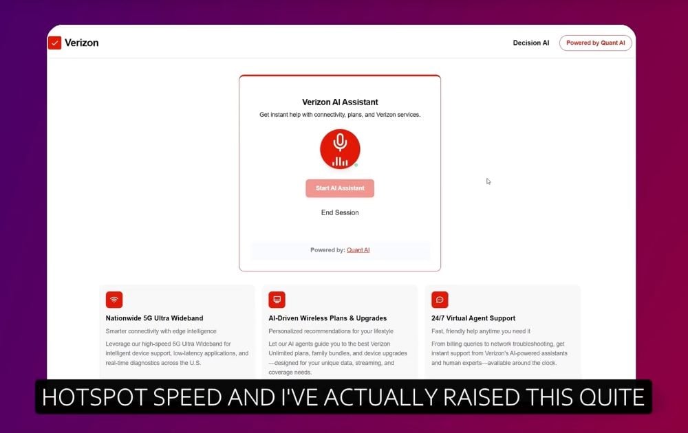Screenshot of Verizon’s AI Assistant powered by Quant AI, offering connectivity support, wireless plan upgrades and 24/7 virtual agent services.