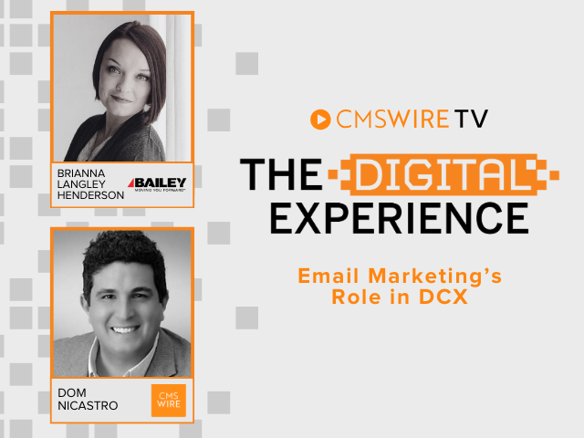 Grey pixelated thumbnail for CMSWire TV's, monthly show, The Digital Experience. The thumbnail shows two rectangular headshots, one for the host, Dom Nicastro and the other for the guest, Brianna Langley Henderson. The episode topic is on Email Marketing in the digital customer experience space.