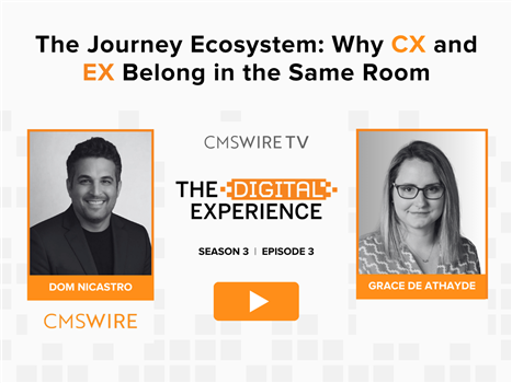 Promotional graphic for CMSWire TV’s The Digital Experience Show, Season 3 Episode 3, titled “The Journey Ecosystem: Why CX and EX Belong in the Same Room,” featuring headshots of Dom Nicastro and Grace de Athayde with an orange play button centered between them.