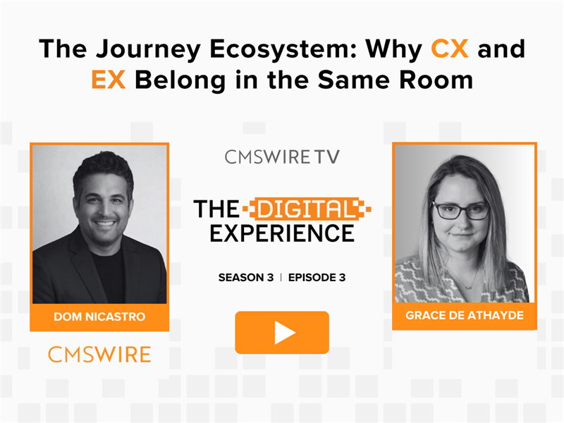 Promotional graphic for CMSWire TV’s The Digital Experience Show, Season 3 Episode 3, titled “The Journey Ecosystem: Why CX and EX Belong in the Same Room,” featuring headshots of Dom Nicastro and Grace de Athayde with an orange play button centered between them.