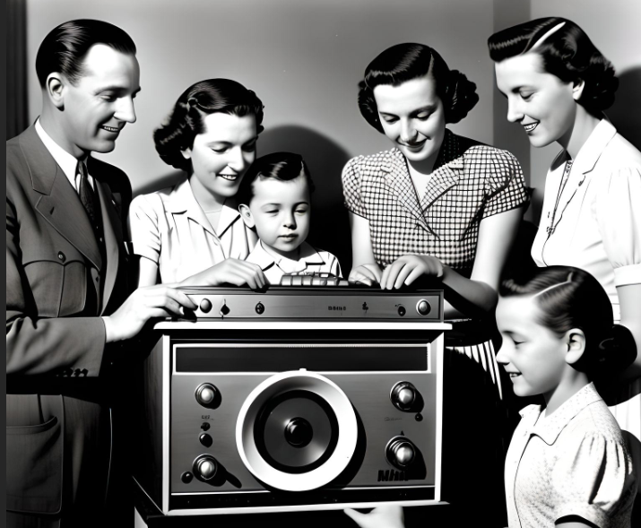 family gather around radio