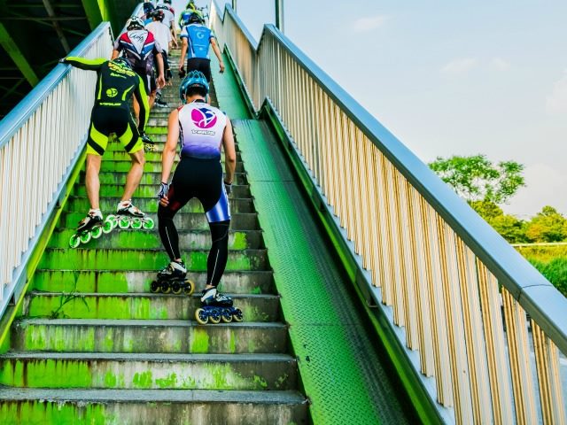 walking upstairs on rollerblades