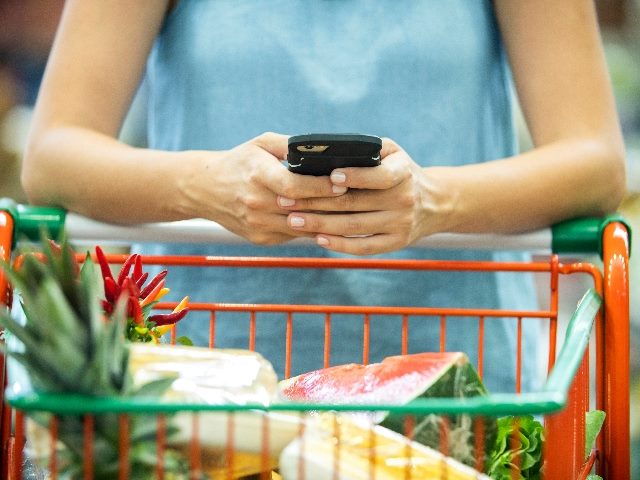 Woman using mobile phone while shopping in supermarket. Shot is from in front of the cart, and you can't see woman's face. 