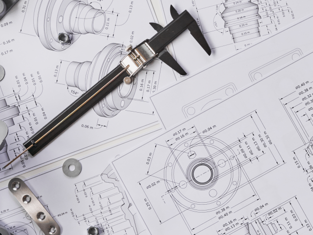 blueprints of a mechanical device rolled flat on a table. There is a micrometer and some metal parts on top of the blueprints