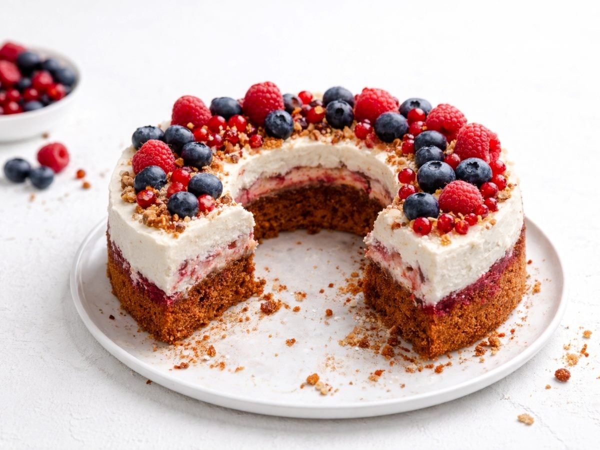 White bundt-style cake with a hollow center on a white plate against a white background, shown with a clean slice removed to emphasize the empty center and minimalist composition. Created with AI.
