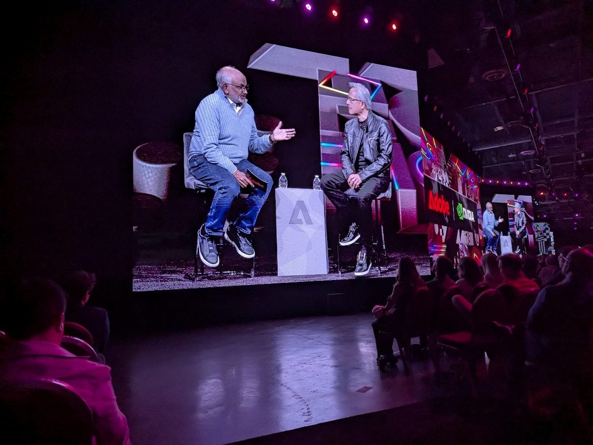 Adobe CEO Shantanu Narayen (left) and Nvidia CEO Jensen Huang on stage at Adobe Summit at the Venetian Monday, April 20, 2026.