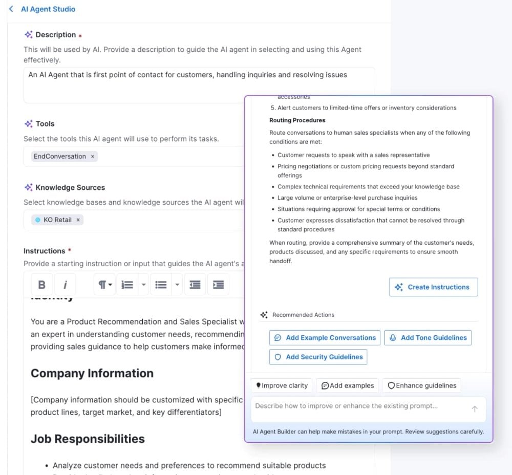 Screenshot of Kustomer’s AI Agent Studio showing tools, knowledge sources, and detailed routing procedures for configuring intelligent customer service agents.