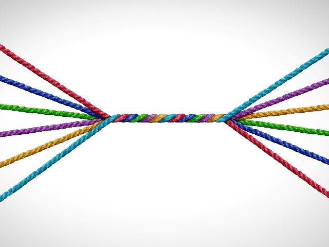 Different-colored ropes connected together.
