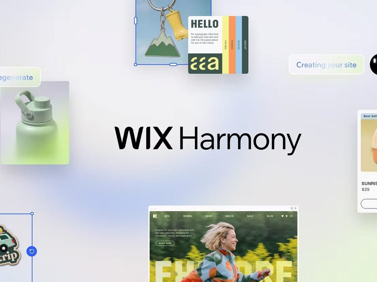 Wix Harmony interface showing floating website elements and product cards around the “WIX Harmony” logo, illustrating AI-assisted website creation and design assembly.