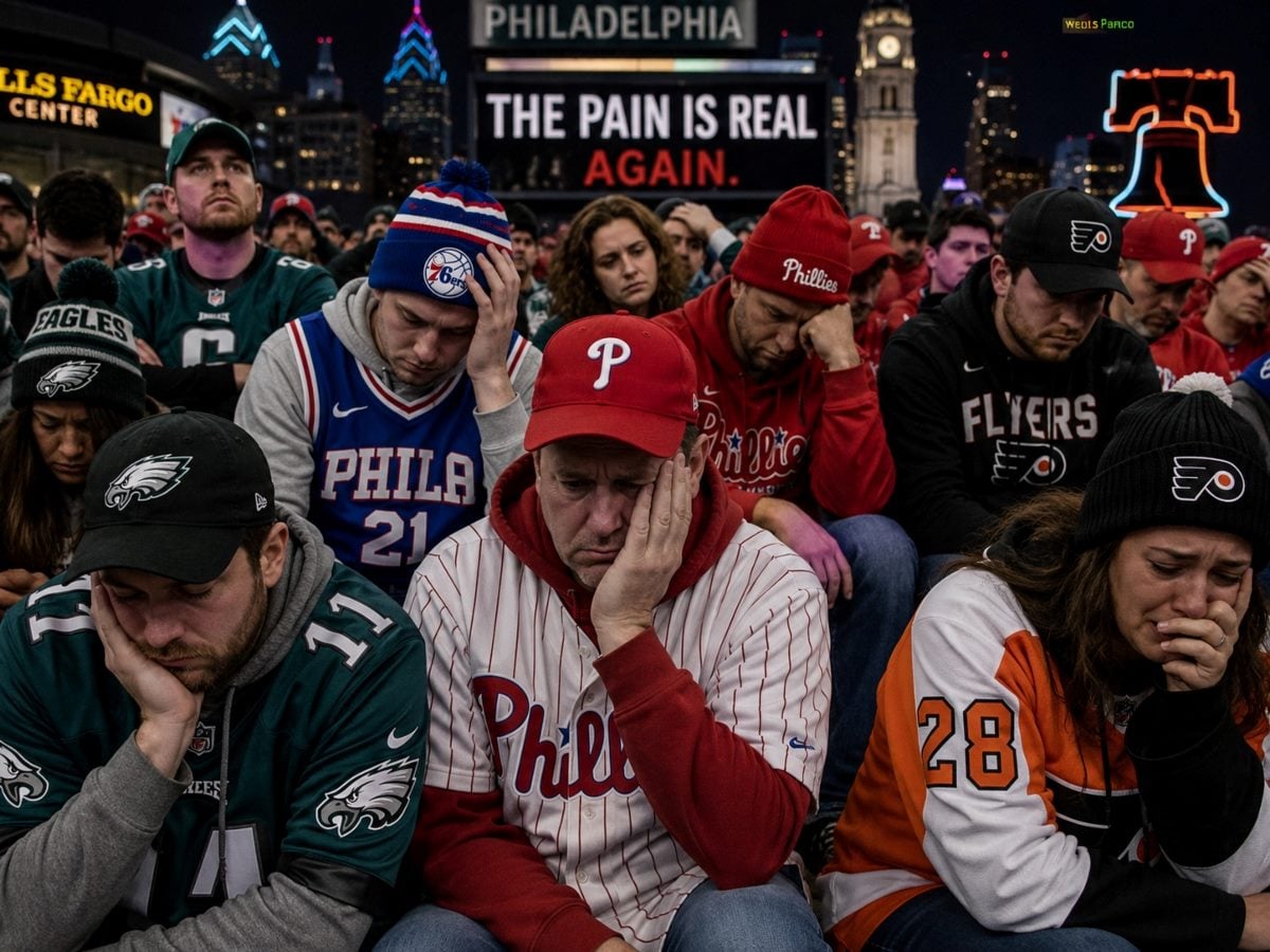AI-generated illustration of dejected Philadelphia sports fans wearing jerseys and hats representing the city's professional teams, sitting with heads bowed and disappointed expressions beneath a nighttime Philadelphia skyline. A large sign reading "The Pain Is Real Again" reinforces the emotional scene, echoing the article's theme that emotional outcomes matter more than favorable statistics or expectations.