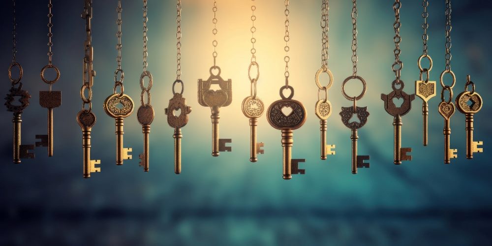 Vintage decorative brass keys hang from brass chains against a blue and gold background, suggesting the importance of customer insights.