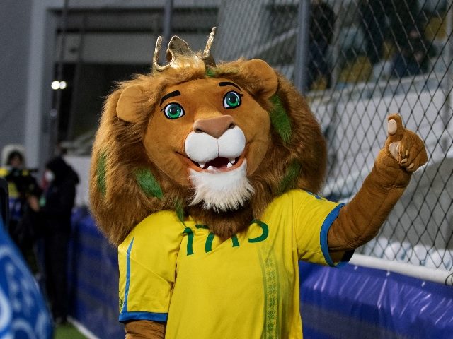 Mascot in a lion's mask giving a thumbs up at a sports event. 