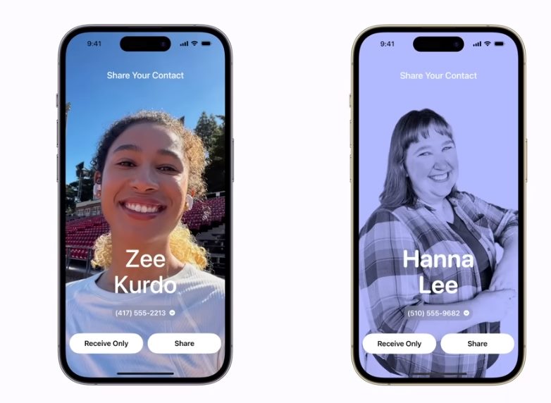 The image displays two iPhone screens featuring a new contact sharing feature. On the left, the screen shows a young woman named Zee Kurdo, smiling in an outdoor stadium setting with the option to "Share" or "Receive Only" her contact information. On the right, the screen presents a cheerful woman named Hanna Lee in a black-and-white photo with similar sharing options. Each screen also displays their respective phone numbers. This showcases the enhanced personalization and functionality in the latest software update in piece about AI introduction to Apple products at WWDC2024.