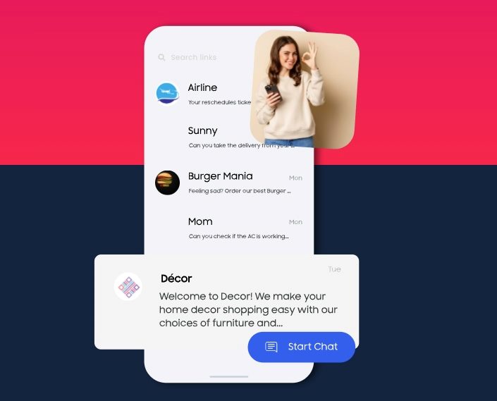 The image shows a graphical user interface of a chat application with various conversation snippets displayed in a modern, colorful design. The background is divided into a pink and blue section. It features a search bar at the top and multiple chat previews with different contacts, such as "Airline," "Sunny," "Burger Mania," and "Mom," each with a brief message snippet. Additionally, there's a prominent chat window on the bottom left for "Décor" with a welcome message and a 'Start Chat' button, highlighting an interactive customer service chat feature. The design showcases a clean, user-friendly layout for managing personal and business communications effectively in piece about AI introductions into Apple products at WWDC2024.