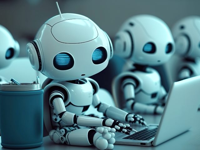Cute robots with blue eyes sit at long tables and work on laptops.