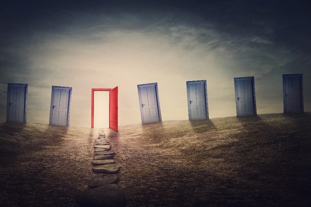 Multiple gray doors on an open meadow with a path leading to an open red door with the sun shining through in piece about digital customer journeys from the healthcare world.