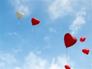 heart shaped balloons floating up into a clear blue sky