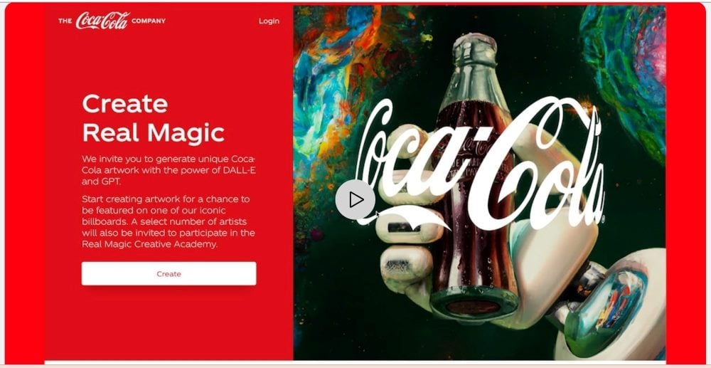 Screenshot of The Coca-Cola Company's "Create Real Magic" Campaign with an image of a coke bottle being held in a robot's hand and a red background.