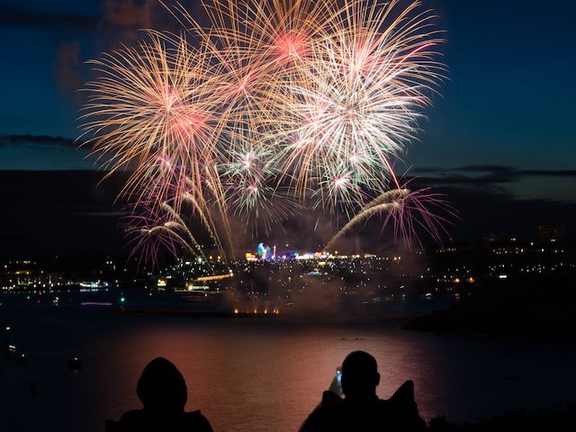 two people taking pictures of nighttime fireworks in the distance