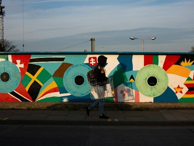 Variety of flags painted on a wall.