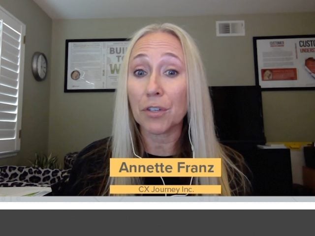 Screenshot of Annette Franz speaking during her virtual presentation at the CMSWire DX Summit conference.