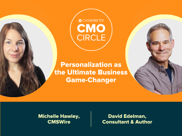 Orange background thumbnail for CMO Circle episode. Two circular headshots, one of host Michelle Hawley and guest, David Edelman.
