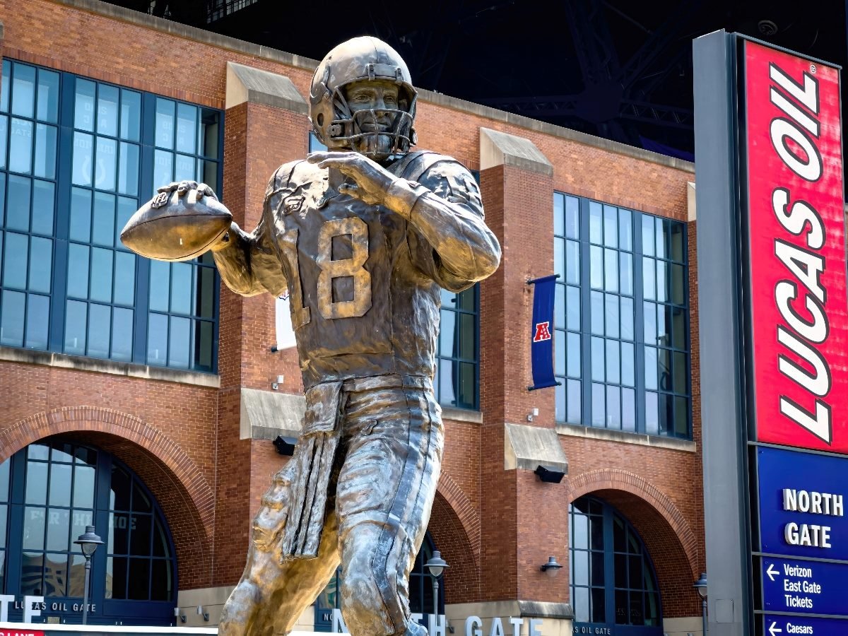 Peyton Manning statue in front of Lucas Oil Stadium in Indianapolis.