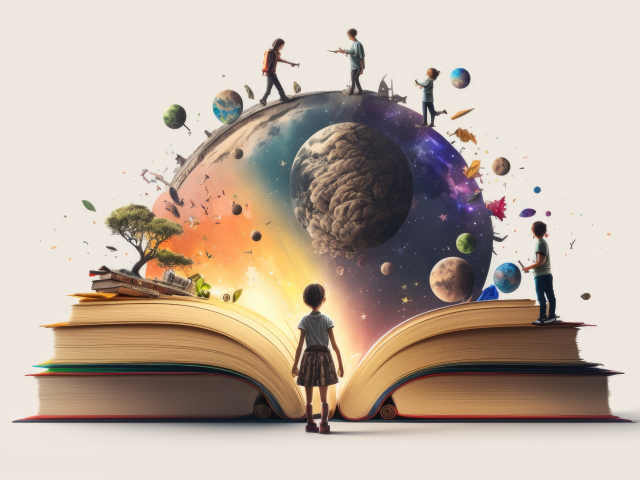 A young girl staring in awe at a giant open book. The book has a globe emerging from it