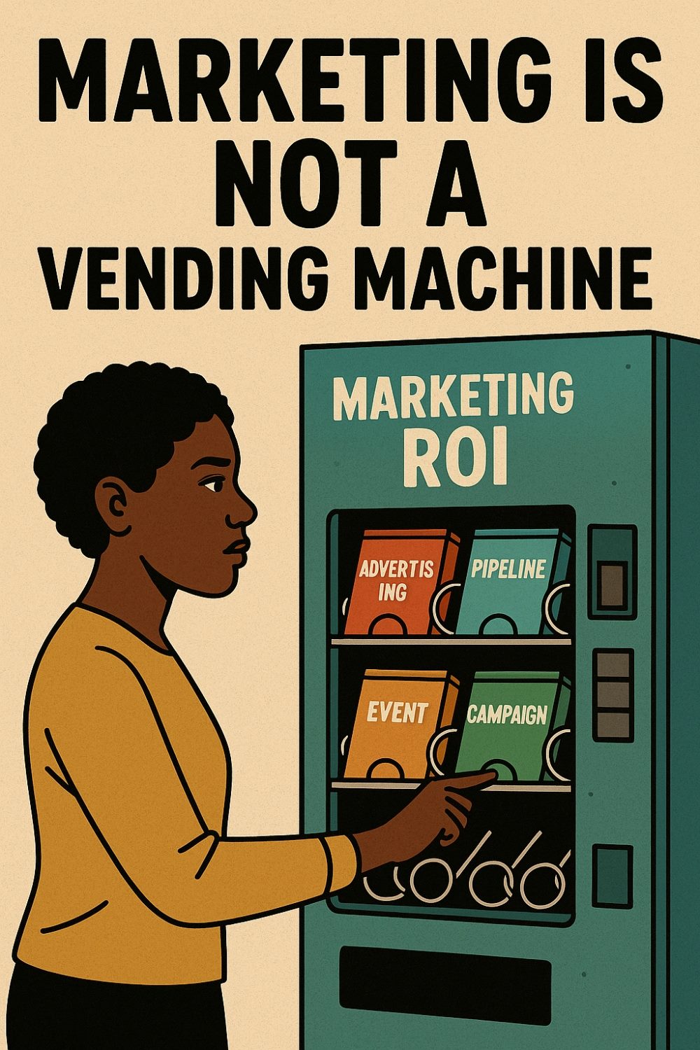 An illustration of a woman in a mustard top interacting with a teal vending machine labeled "Marketing ROI." The machine displays colorful packages labeled Advertising, Pipeline, Event and Campaign, emphasizing the flawed belief that marketing inputs guarantee predictable outputs.