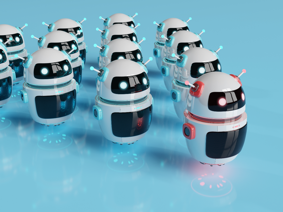 A group of identical glossy white robots with glowing blue antennae moves in formation on a reflective surface. One robot, accented in red instead of blue, stands out in the front row, symbolizing individuality or leadership among chatbots.