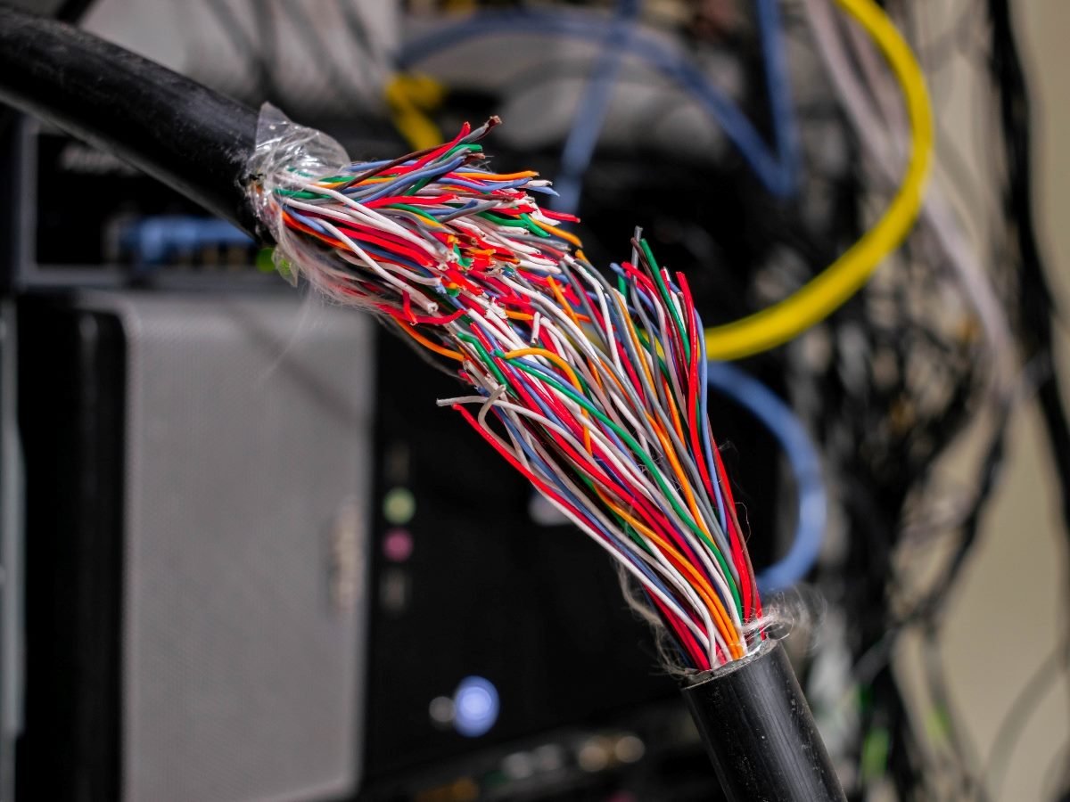 lose-up of a thick cable with dozens of exposed, multicolored wires, symbolizing data fragmentation or disconnected systems in a technology setup.
