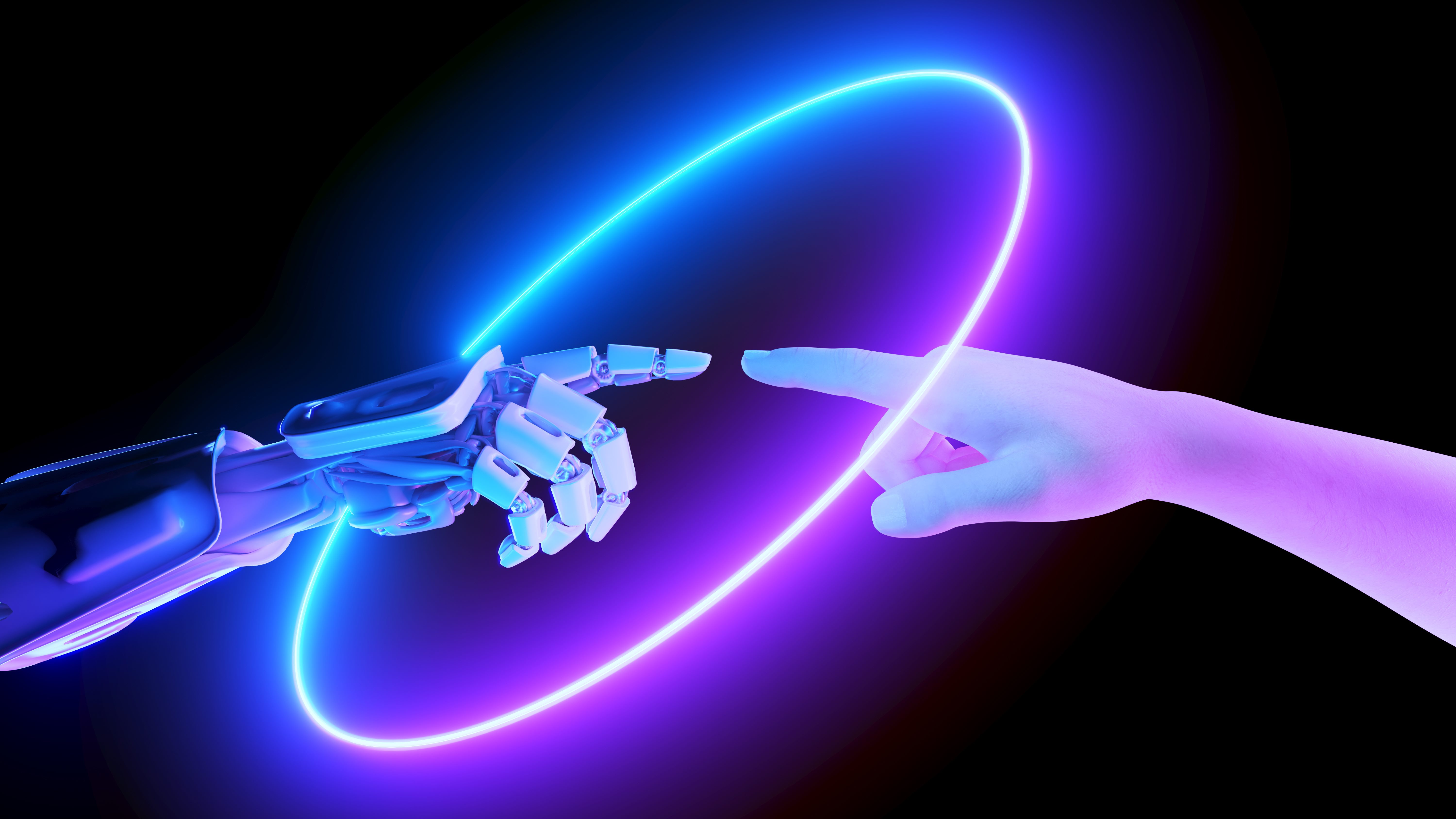 A human hand and a robot hand reach toward each other amid a circle of blue and purple neon light in piece about the Era of AI.