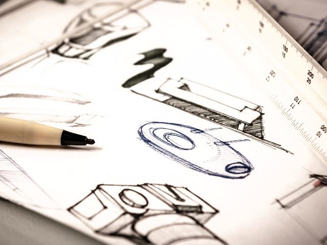  Idea sketches of product design on paper, with a black marker on top of the paper. 