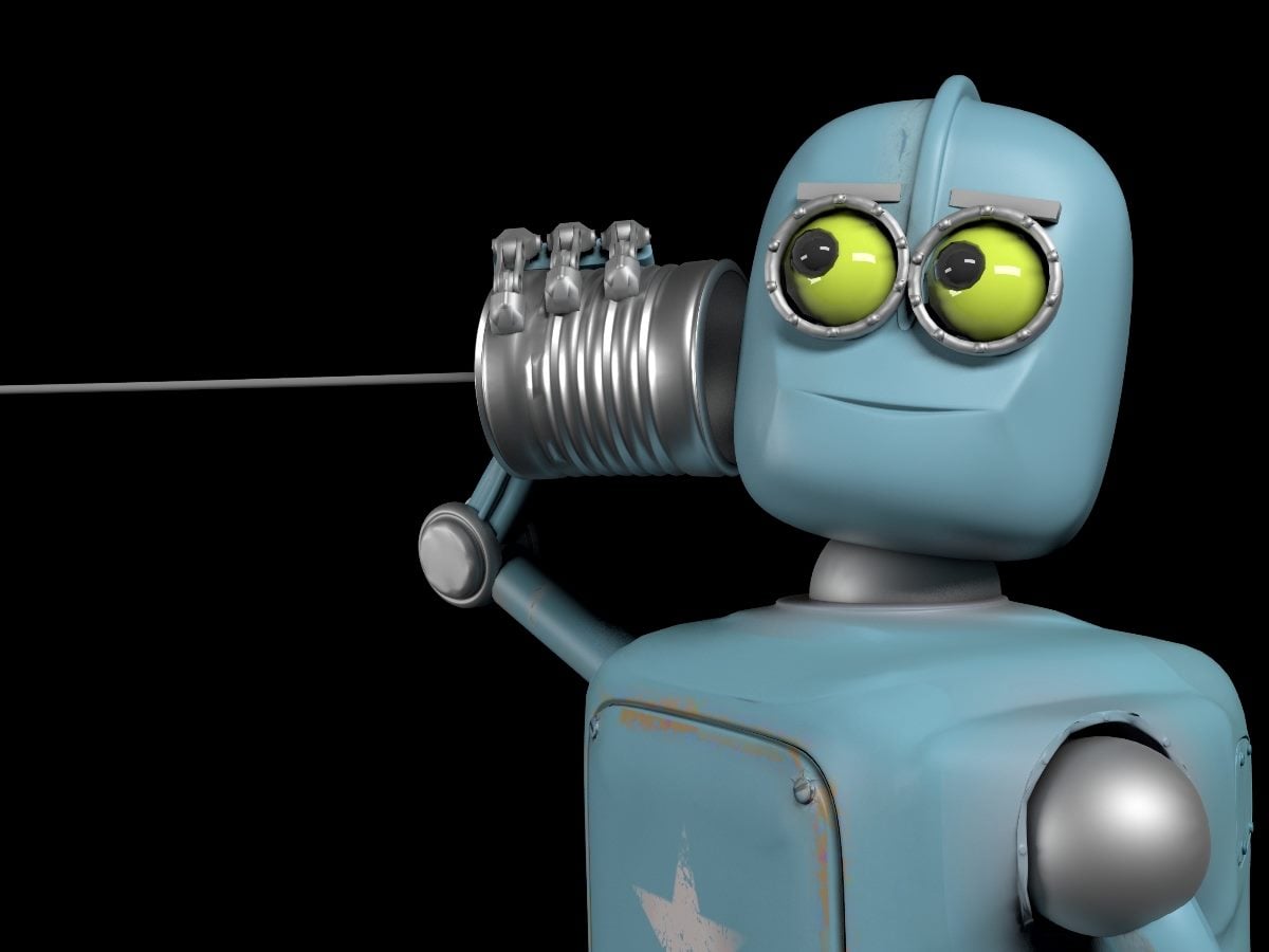 Cartoon-style blue robot with large green eyes holding a tin can to its ear, mimicking a listening device against a black background.