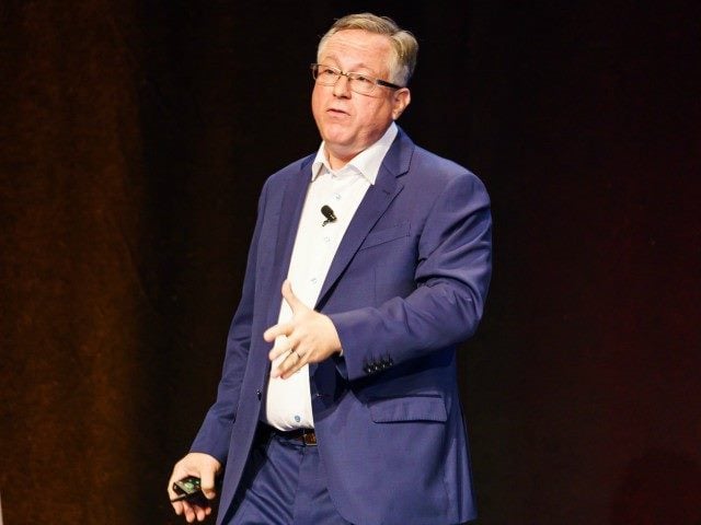 Scott Brinker on stage during his keynote at MarTech Conference East in Boston.