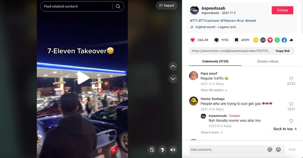 Screenshot of a TikTok video showing car enthusiasts gathered outside a 7-Eleven.