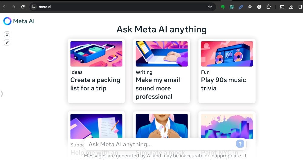 Meta AI's recommendation page that shows options on what users can do.