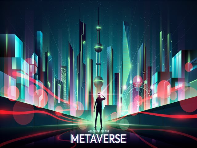 Illustration of person in front of a futuristic cityscape with the words "Welcome to the Metaverse" at the bottom