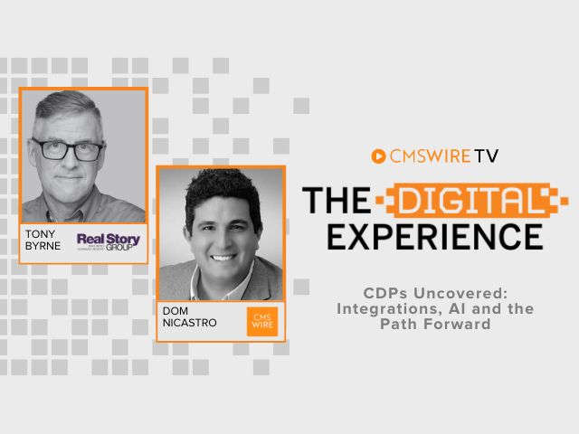 Thumbnail for The Digital Experience show for CMSWire TV. A grey pixelated background with two square black and white headshots with orange borders. One headshot for Tony Byrne and the other for the The Digital Experience host, Dom Nicastro