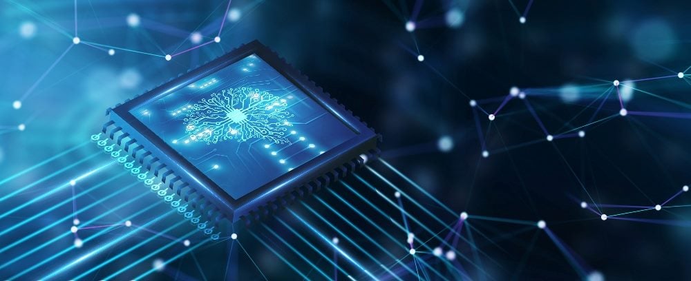 Blue lights, computer and neural connections representing artificial intelligence (AI), machine learning and modern computer technologies concepts in piece about NLU and NLP.
