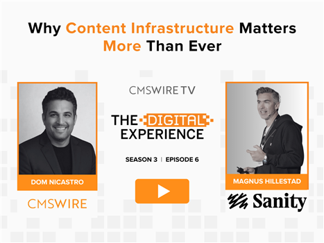 CMSWire TV Digital Experience Show graphic for Season 3, Episode 6, titled "Why Content Infrastructure Matters More Than Ever," featuring host Dom Nicastro of CMSWire and guest Magnus Hillestad of Sanity.