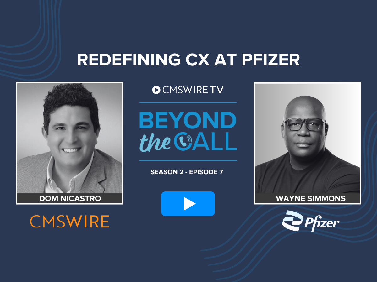 Dark blue thumbnail background for CMSWire TV's show Beyond The Call with guest, Wayne Simmons and host Dom Nicastro