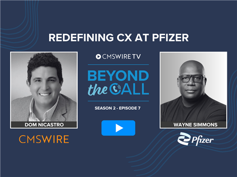 Dark blue thumbnail background for CMSWire TV's show Beyond The Call with guest, Wayne Simmons and host Dom Nicastro