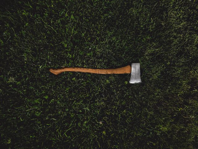 an axe on grass