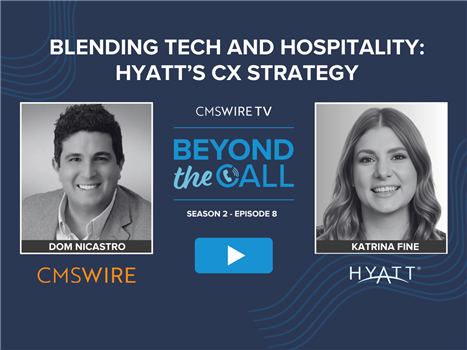 Dark blue background with rectangular black and white headshots of CMSWire TV's show, Beyond The Call with guest Katrina Fine and host Dom Nicastro